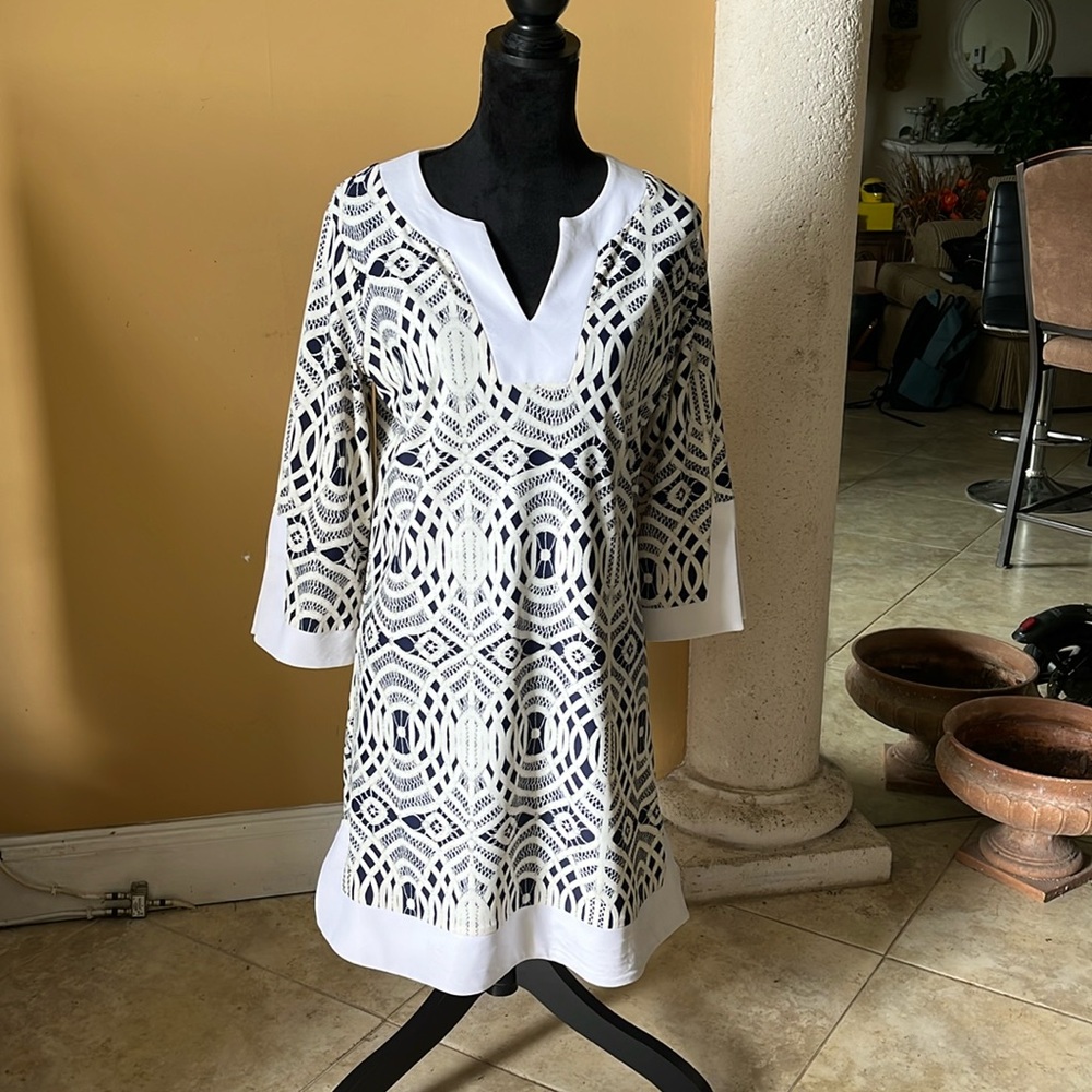BO & NIC White and Blue Scuba Dress Cruise Wear Size L